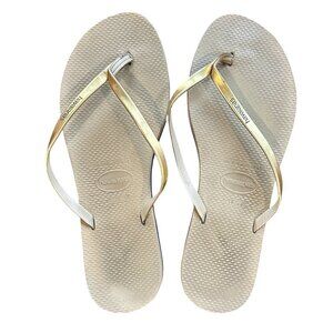 HAVAIANAS Metallic Gold and tan Flip FLops Thongs Flats Size 9/10W